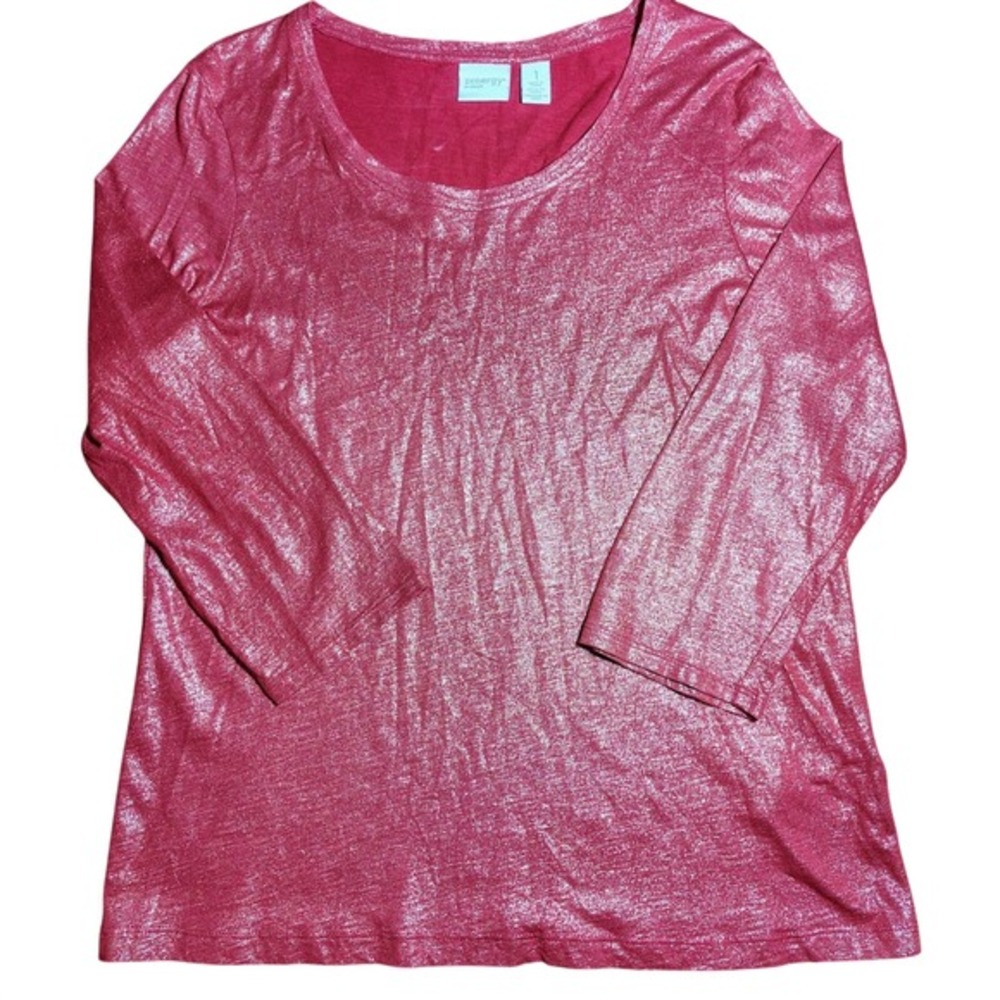 Zenergy by‎ Chicos Red Metallic Shimmer 100% Cotton 3/4 Sleeve Top Womens Size 1